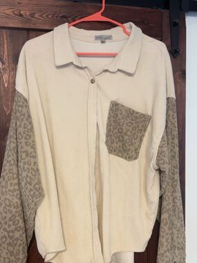 Wildflower + Co Cream Corded Shacket with Leopard Sleeves